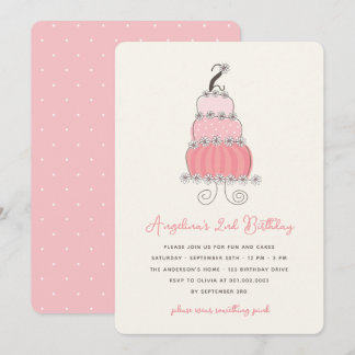 Invitation Whimsical Pink Cake Girl 2e anniversaire Invitatio