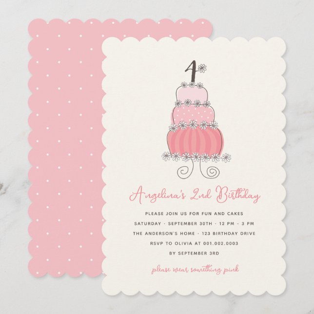 Invitation Whimsical Pink Cake Girl 4e anniversaire Invitatio (Devant / Derrière)
