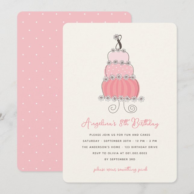Invitation Whimsical Pink Cake Girl 8e anniversaire Invitatio (Devant / Derrière)