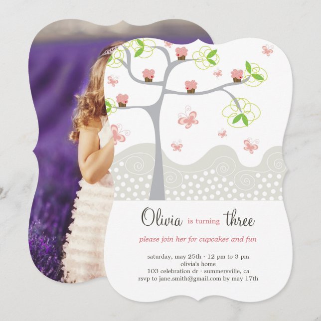 Invitation Whimsical Pink Cupcakes Tree Girl Birthday Invitat (Devant / Derrière)