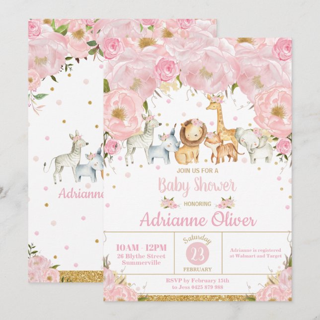 Invitation Whimsical Pink Floral Jungle Animals Baby Shower (Devant / Derrière)
