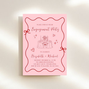 Invitation Whimsical Pink Red Wavy Frame Engagement