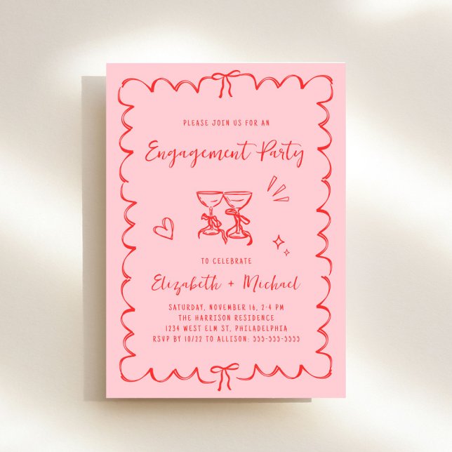 Invitation Whimsical Pink Red Wavy Frame Engagement (Whimsical pink + red engagement party invitation to set the tone for an unforgettable event)