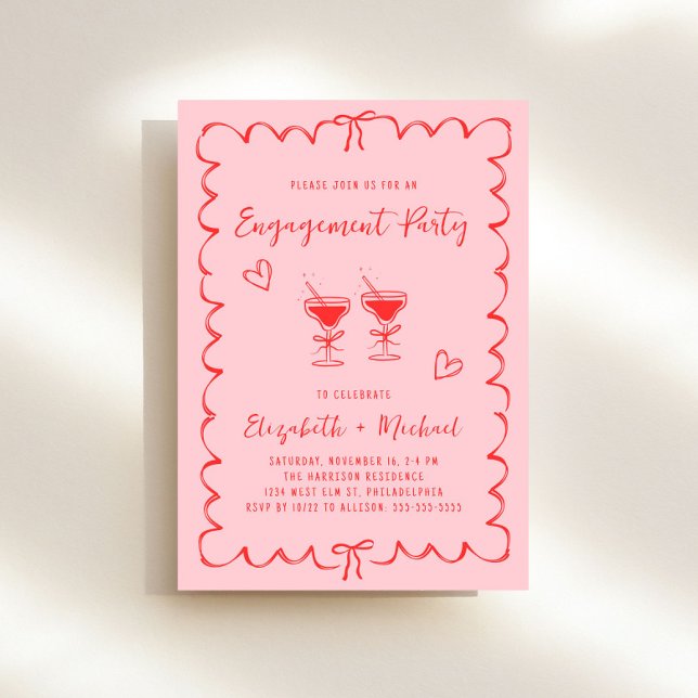 Invitation Whimsical Pink Red Wavy Frame Engagement (Whimsical pink + red engagement party invitation to set the tone for an unforgettable event)