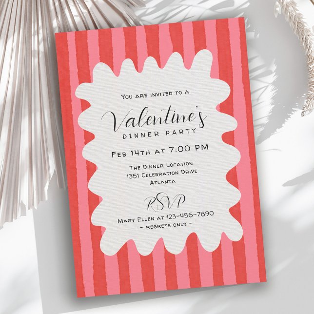 Invitation Whimsical Pink Red Wavy Frame Valentines Dinner (Available in both printed and instant download digital formats.)