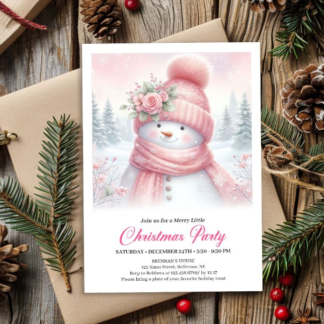 Invitation Whimsical Pink Snowman Digital Christmas Invite  (Whimsical Pink Snowman Digital Christmas Invite for Kids)