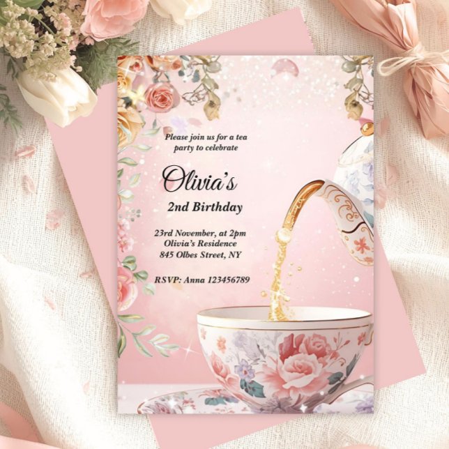Invitation Whimsical Pink Tea Party Floral Birthday  (garden tea party, pink tea party invitation, kids birthday invitation, spring tea party, glittery te)