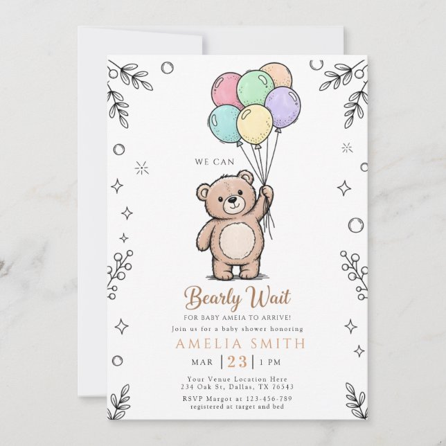 Invitation Whimsical Pink Yellow Teddy bear baby shower (Devant)