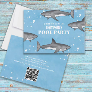 Invitation Whimsical Pool Party Ocean Swimming Sharks QR Code