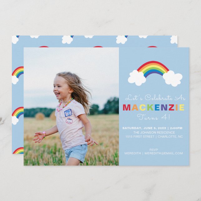 Invitation Whimsical Preppy Photo Girl Rainbow Birthday Party (Devant / Derrière)