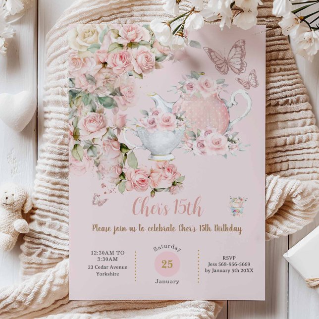 Invitation Whimsical Princess Fairytale Castle Rose Anniversa (shabby chic blush pink roses floral high tea party birthday baby shower bridal invitation cards )