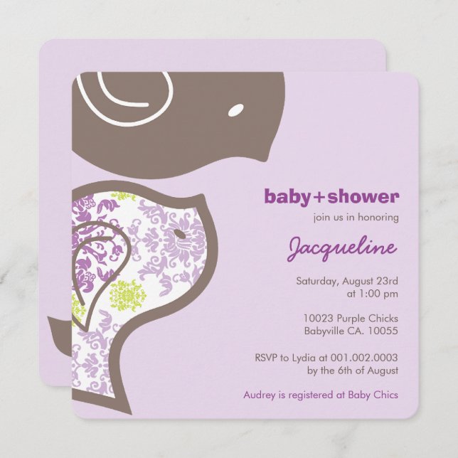 Invitation Whimsical Purple Damask Chicks Baby shower Invitat (Devant / Derrière)