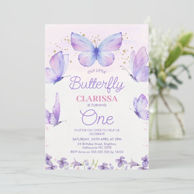 Invitation Whimsical Purple Notre Petit Papillon 1er Annivers (Debout devant)