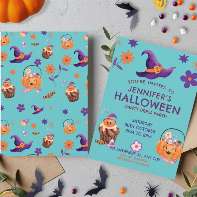 Invitation Whimsical Purple Orange Kids Halloween Party (Créateur téléchargé)