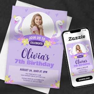 Invitation Whimsical Purple Swan Princess Photo Girl Annivers