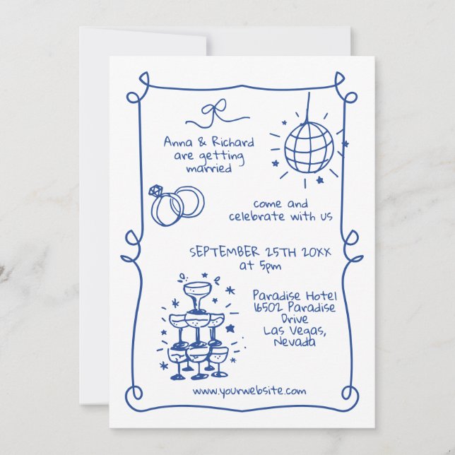 Invitation Whimsical Quirky Doodframe Mariage bleu français (Devant)