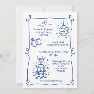 Invitation Whimsical Quirky Doodframe Mariage bleu français