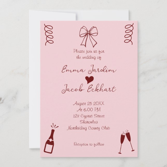 Invitation Whimsical Quirky Squiggles Mariage rose (Devant)