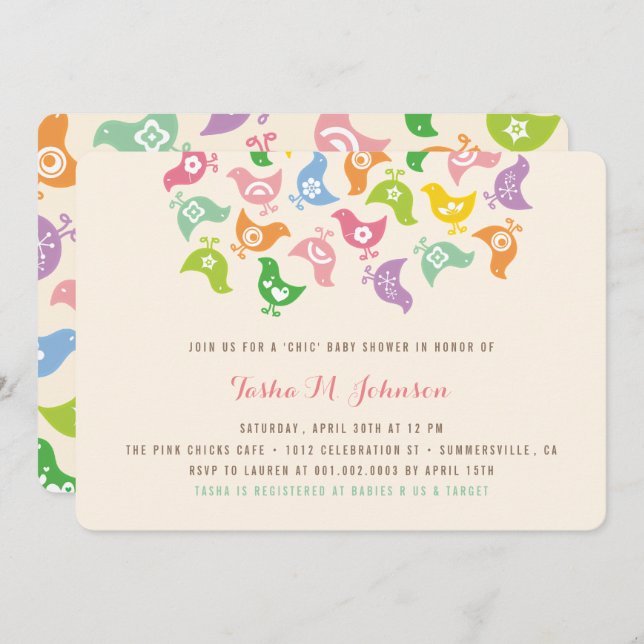 Invitation Whimsical Rainbow Chicks Moderne Baby shower chic (Devant / Derrière)