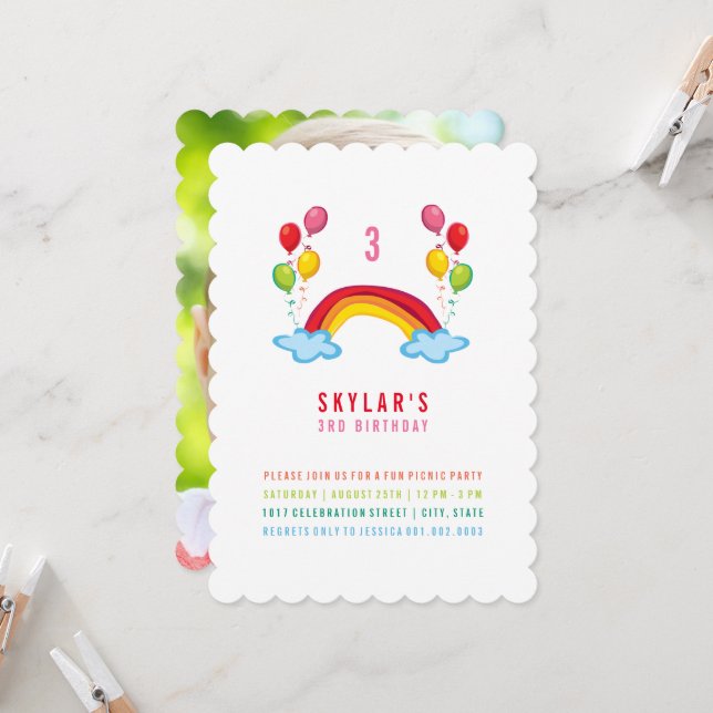 Invitation Whimsical Rainbow Et Balloons Fille Anniversaire F (Devant/Arrière en situation)