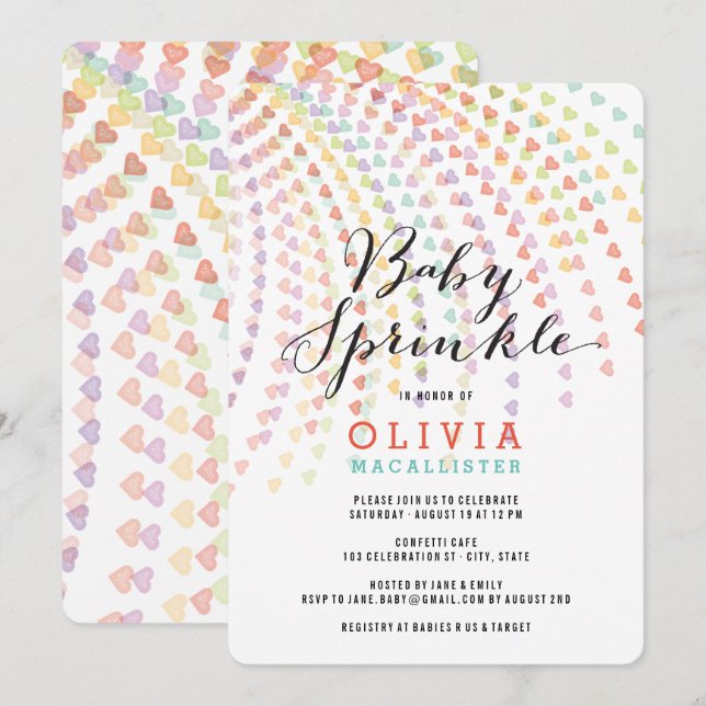 Invitation Whimsical Rainbow Hearts coloré Baby Sprinkle (Devant / Derrière)