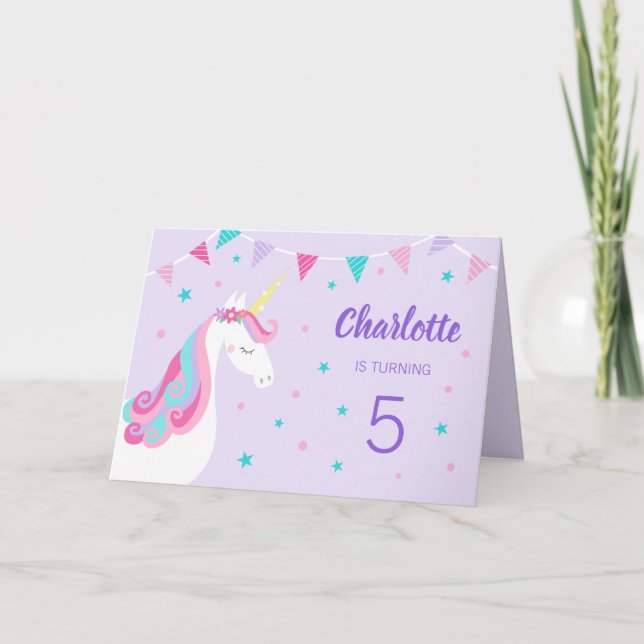 Invitation Whimsical Rainbow Unicorn Purple 5e anniversaire (Devant)