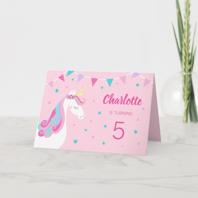 Invitation Whimsical Rainbow Unicorn rose 5e anniversaire (Devant)