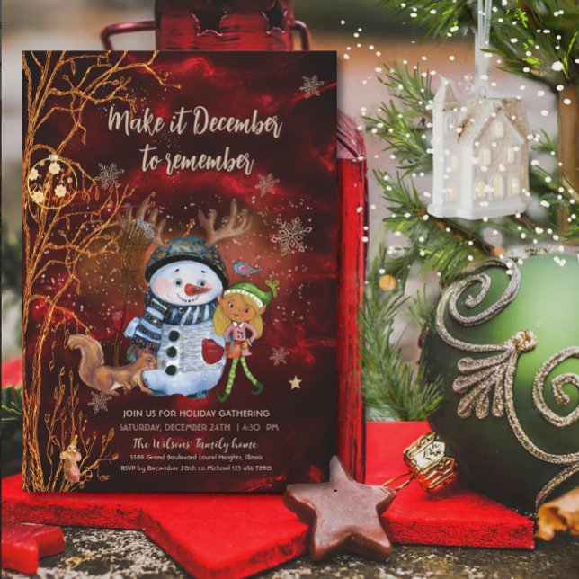 Invitation Whimsical Red Gold Snowman Elf Squirrel Christmas (Whimsical Red Gold Snowman Elf Squirrel Christmas Invitation)