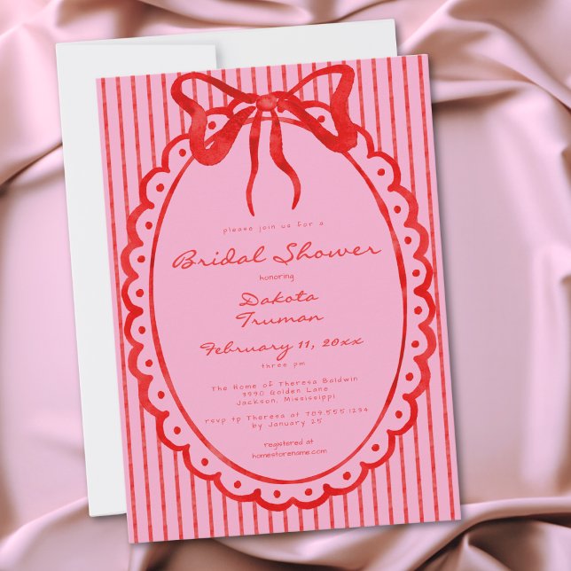 Invitation Whimsical Red Pink Bow Stripe Bridal Shower (Whimsical Red Pink Bow Stripe Bridal Shower Invitation)