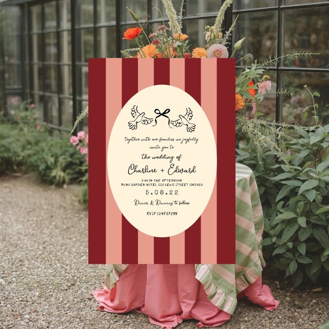 Invitation Whimsical Red Pink Striped Scribble  Wedding  (Créateur téléchargé)