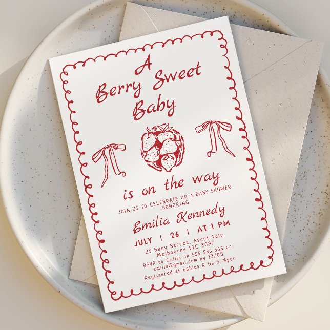 Invitation Whimsical Red Strawberry Berry Baby shower doux (Hand Drawn Berry Baby Shower Invitation Template Red, Whimsical Strawberry Baby Shower Invitation )