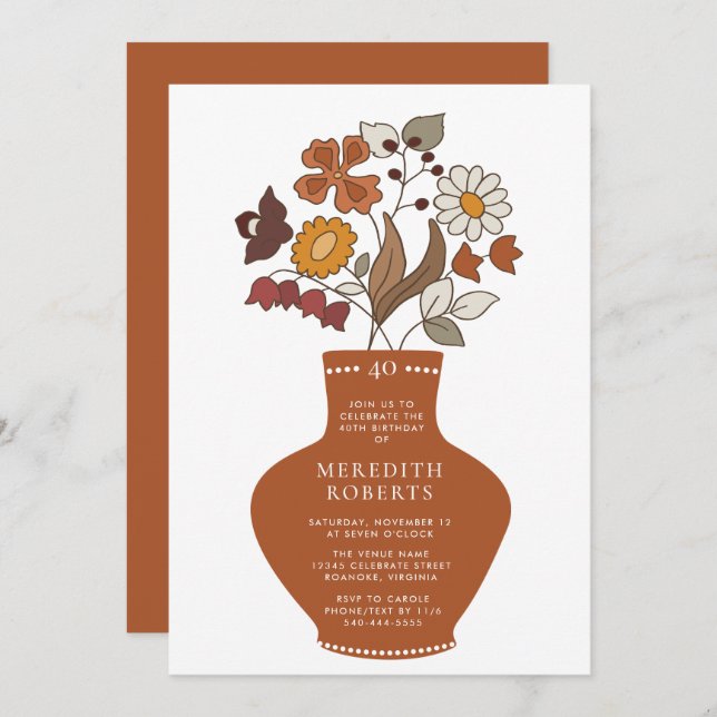 Invitation Whimsical Retro Boho Floral 40e anniversaire (Devant / Derrière)