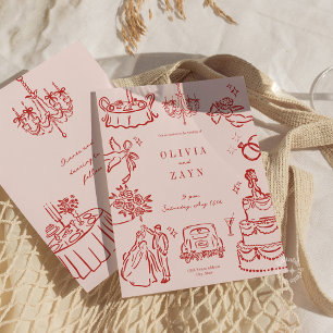 Invitation Whimsical Romantic Main Tirée Mariage Rouge Invite
