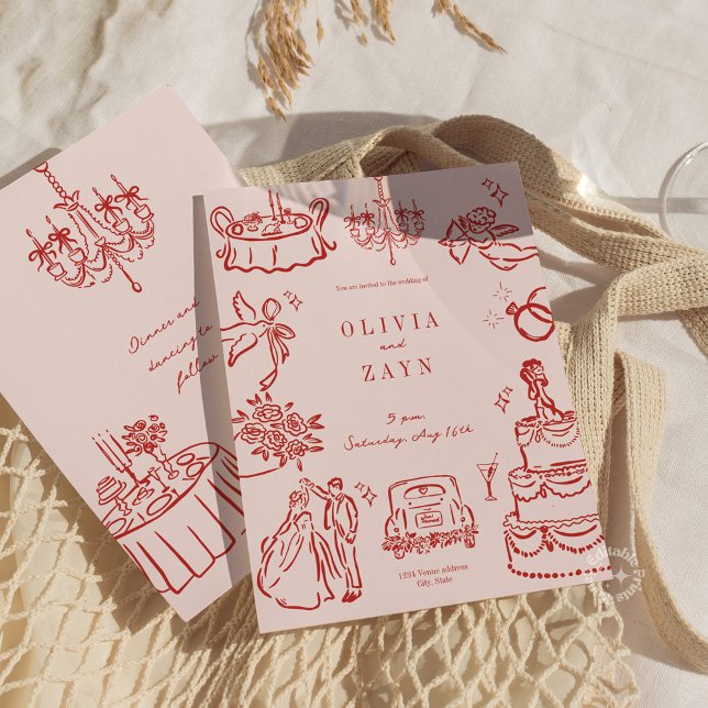 Invitation Whimsical Romantic Main Tirée Mariage Rouge Invite (Whimsical Hand Drawn Wedding Invitation red pink)