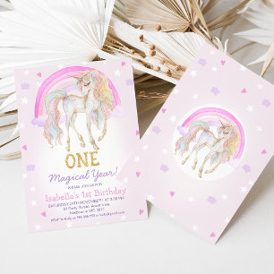Invitation Whimsical rose année magique Unicorn 1er anniversa