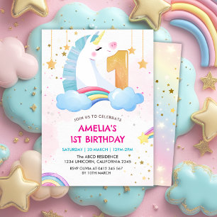 Invitation Whimsical rose arc-en-ciel unicorn 1er fête d'anni