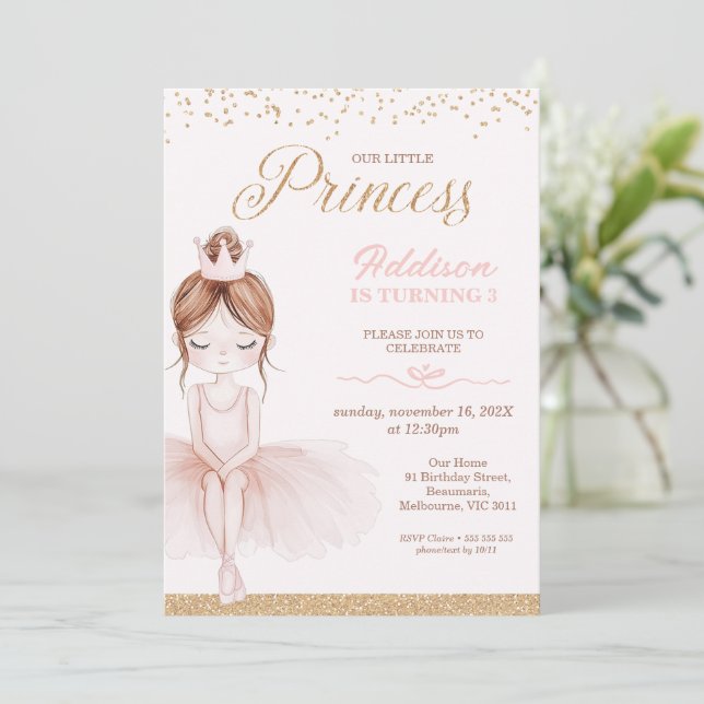 Invitation Whimsical rose Ballerina Little Princess Anniversa (Debout devant)