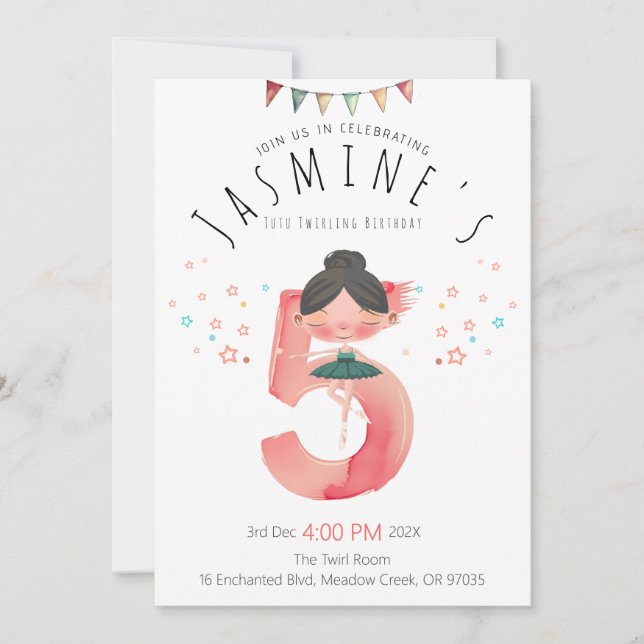 Invitation Whimsical Rose Ballet Girl 5e anniversaire (Devant)