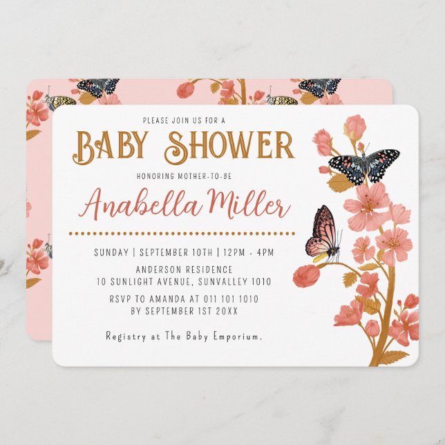 Invitation Whimsical rose Boho Butterfly Baby shower fille (Devant / Derrière)