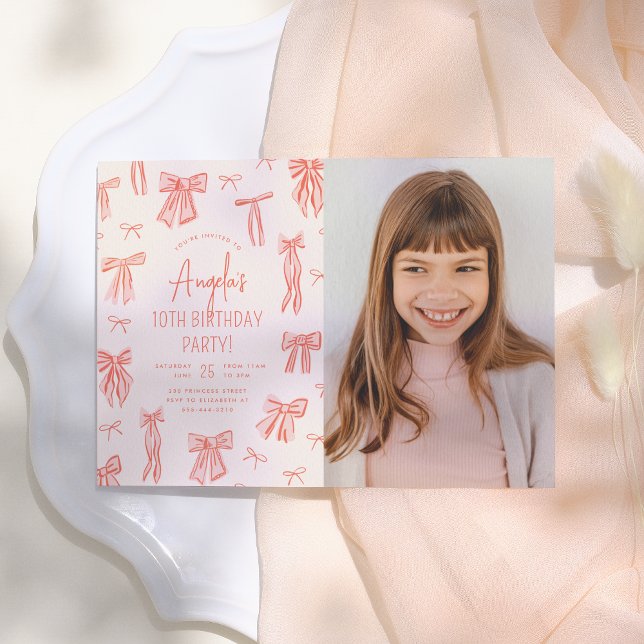 Invitation Whimsical Rose Bow Girl Photo Anniversaire (Créateur téléchargé)