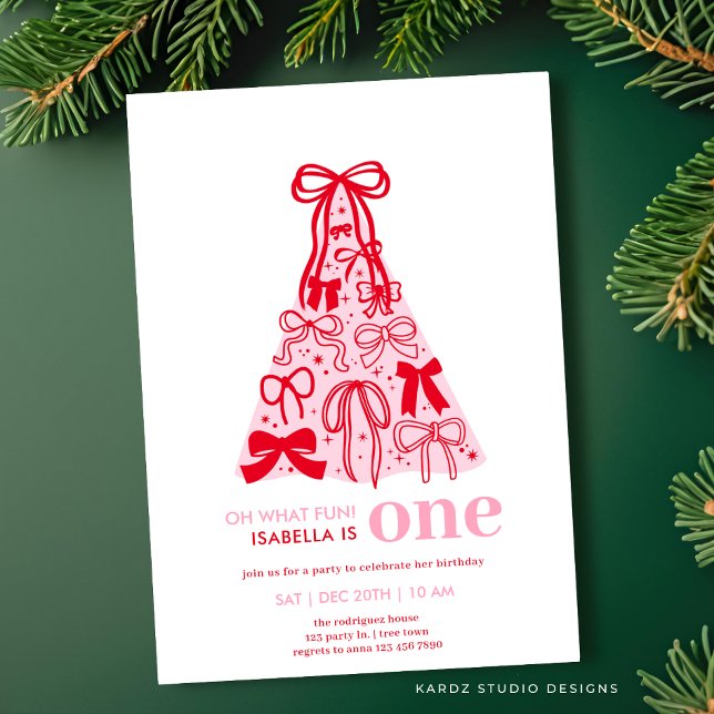 Invitation Whimsical Rose Bow Tree Girl 1er anniversaire (Invite shown in 5 x 7 inches, choose size, paper and corner style.)