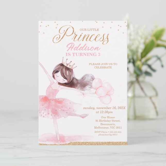 Invitation Whimsical rose or Ballerina Princess Anniversaire (Debout devant)