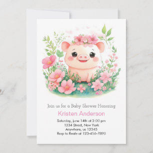 Invitation Whimsical rose Piglet Aventure Baby shower fille