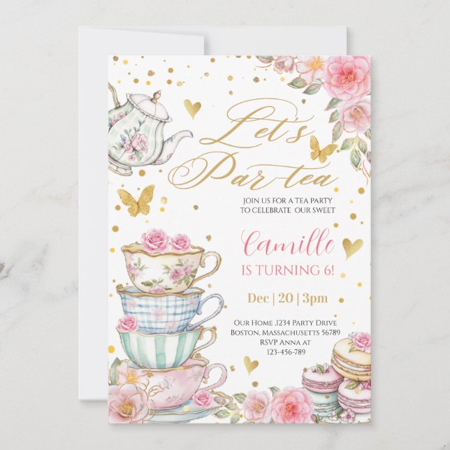 Invitation Whimsical rose Pink Floral Tea Party Birthday  (Devant)
