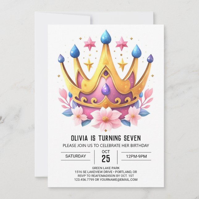 Invitation Whimsical rose princesse couronne Anniversaire (Devant)