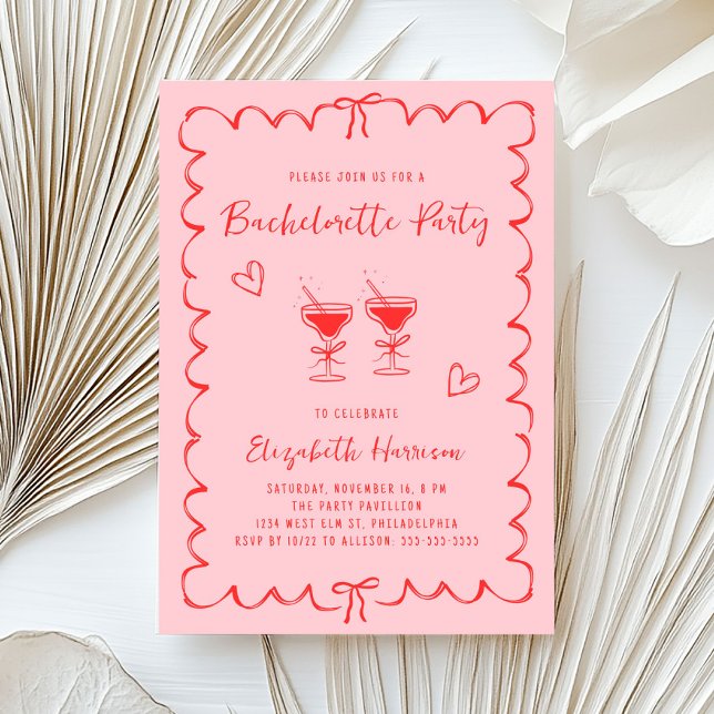 Invitation Whimsical Rose Red Wavy Frame Bachelorette Party (Cute bachelorette party invitation featuring whimsical hand drawn margaritas, hearts + coquette bows)