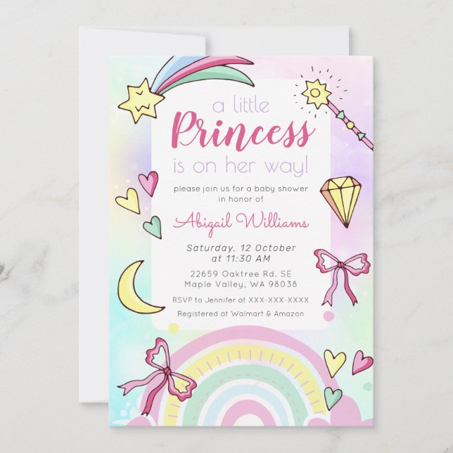 Invitation Whimsical Rose/Violet Princesse Baby Girl Douche (Devant)