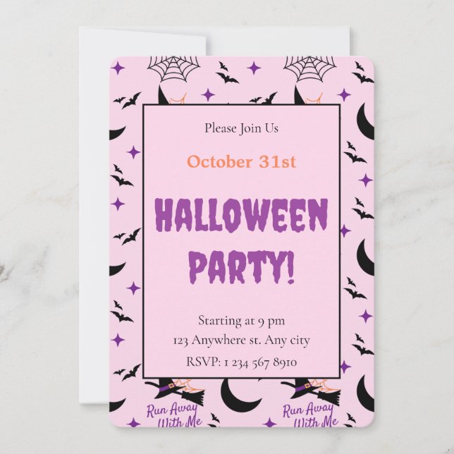 Invitation Whimsical Run Away With Me Witch & Bat Halloween (Devant)