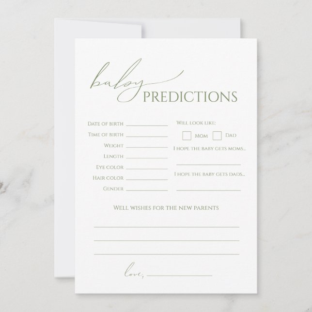 Invitation Whimsical Sage Green Baby Shower Predictions Card (Devant)