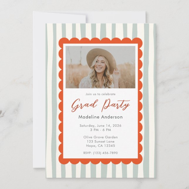 Invitation Whimsical Sage Stripes Graduation Party Photo (Devant)